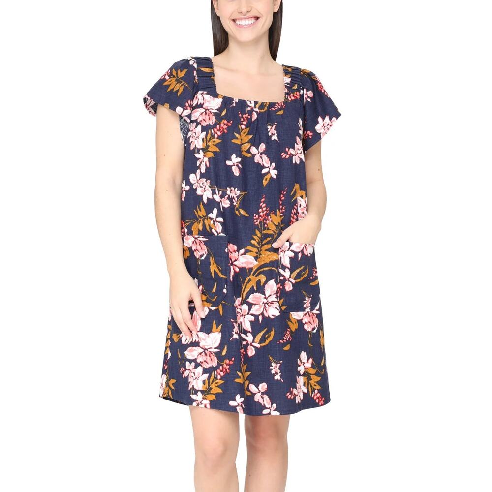 NWT Nicole Miller Women's Flutter Sleeves Floral Print Linen Blend Mini Dress